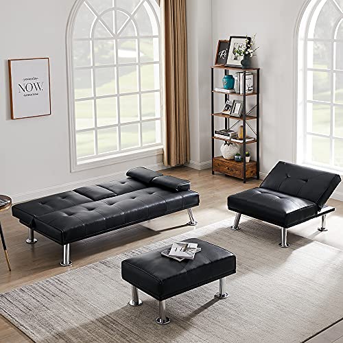 GAOFEIYANG 3pcs Sofa Bed Living Room Furniture Set, 2 Seating Faux Leather Convertible Folding Couch with Cup Holders Removable Armrest,Single Chair with Ottoman