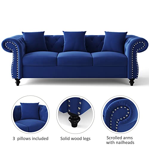 Traditional Chesterfield Sofa,Tufted Velvet Couch,Rolled Arm Sofa,Mid Century Modern Comfy Couches for Living Room/Bedroom,3 Seater Sofa 3 Bolster Pillows (80 * 31.5 * 32