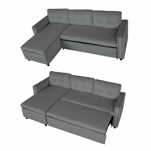 Reversible Sleeper Sectional Sofa with Storage Chaise and Pocket, Pull Out Sleeper Couches Couch Bed (Dark Grey)