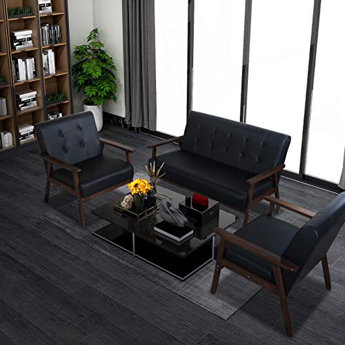 JIASTING Mid Century 1 Loveseat Sofa and 2 Accent Chairs Set Modern Wood Arm Couch and Chair Living Room Furniture Sets (8428 Black Set)
