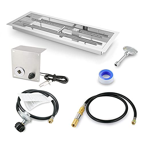 GRISUN 36 x 12 Inch Rectangular Stainless Steel Drop-in Insert Fire Pit Kit, H-Shaped Burner Pan with Update Spark Ignition Kit for Propane Fire Pit, Suitable for Indoor Outdoor Decoration