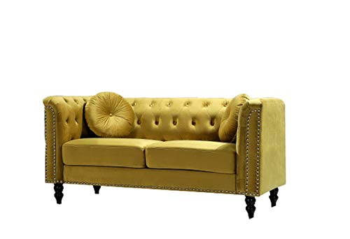 US Pride Furniture High Density Foam 64.17'' Wide Golden Velvet Rolled Arm Chesterfield Living Room Loveseat with Removable Cushion & Solid Wood Legs (S5608-5613) Sofas, Strong Yellow