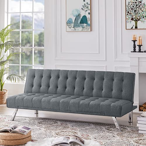 Convertible Futon Sofa Bed for Living Room, Linen Fabric Folding Upholstered Sleeper Couch Recliner (Light Grey)