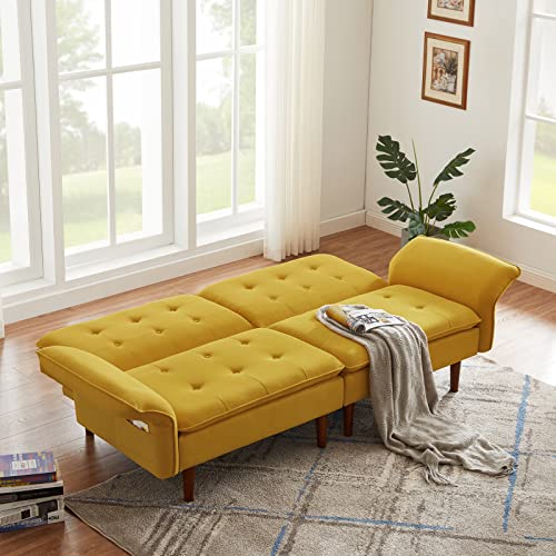 AOOWOW Convertible Futon Sofa Bed, Modern Reclining Futon Loveseat Couch with Adjustable Armrest 4 Side Pockets and 8 Tapered Legs Folding Sleeper Sofa for Dorm Room Living Room Bedroom Office, Yellow