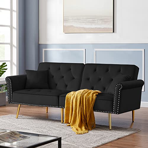Velvet Futon Sofa Bed Convertible Sleeper Sofa Couch with Two Pillows, Antetek Modern Loveseat Sofa with 3 Adjustable Positions and 6 Golden Metal Legs for Living Room and Bedroom, Black