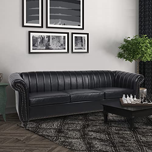 Chesterfield Sofa for Living Room, 3 Seater Sofa Couch Faux Leather Fabric Home Seating Couch Sofa for Home Furniture (Black)