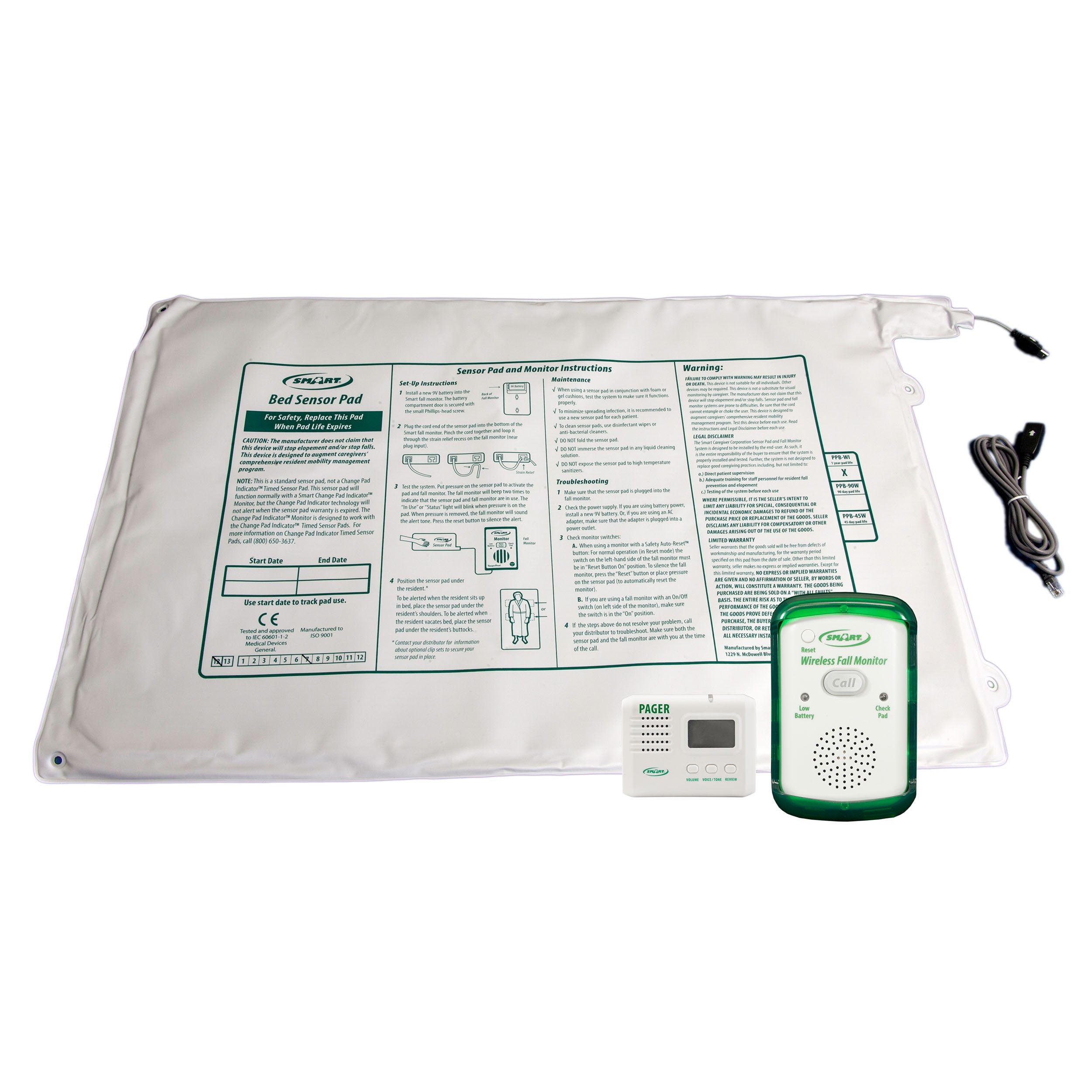 Smart Caregiver Wireless Fall Monitor with Corded Bed Weight-Sensing Pad & LCD Pager System