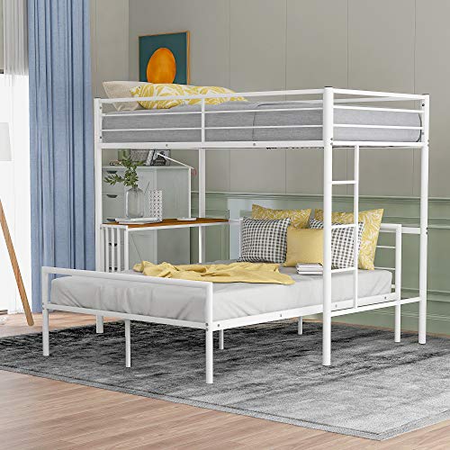 Bunk Beds Twin Over Full Size with Built-in Ladders, Metal Loft Beds with Desk, Full-Length Guardrail, No Box Spring Needed (White(Twin Over Full))