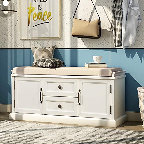 Harper & Bright Designs Storage Bench with 2 Drawers and 2 cabinets, Shoe Bench with Removable Cushion for Living Room, Hallways, Entryway, No Assembly Required (White)