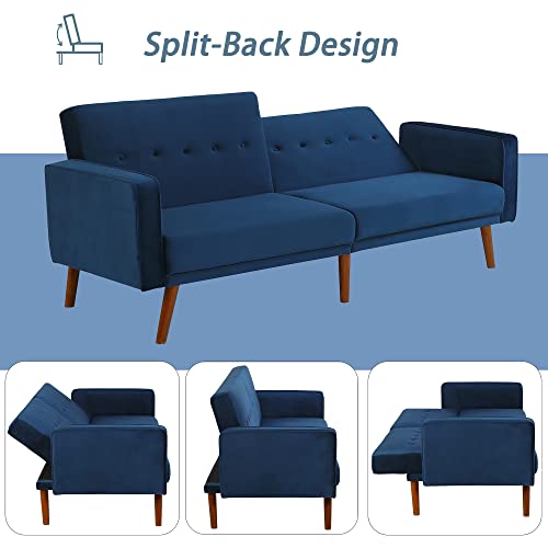 80“ Wide Navy Blue Velvet Couch Square Arm Sleeper Sofa Bed with Solid Wood Legs
