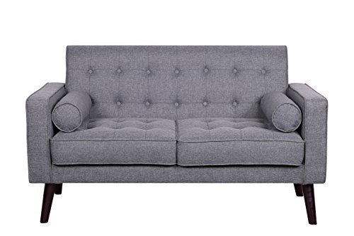 Container Furniture Direct Valadez Linen Upholstered Tufted Mid-Century Modern Loveseat with Bolsters, Light Grey