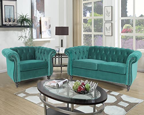 RARZOE 2 Pieces of Living Room Furniture Sofa Sets, Modern Contemporary Tufted Button Velvet Accent Club Chair&Chesterfield Loveseat Sofas Set with Nailhead Trim Scroll Arms for Home Furniture(Green)