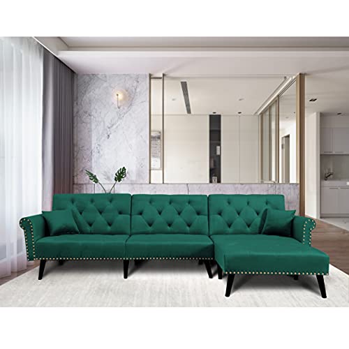 Melpomene onvertible Sectional Couch Sleeper Sofa, Modern Velvet Sectional Couch Convertible L-Shape Sofa Bed Sleeper Reversible Chaise with 2 Pillows Adjustable Back for Living Room. (Velvet, Green)