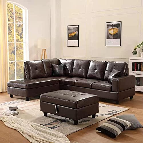 STARTOGOO 2022 New PU Leather Living Room Sectional Sofa L Shaped w/Left Chaise, Storage Ottoman and 2 Pillows Corner Couch, Brown