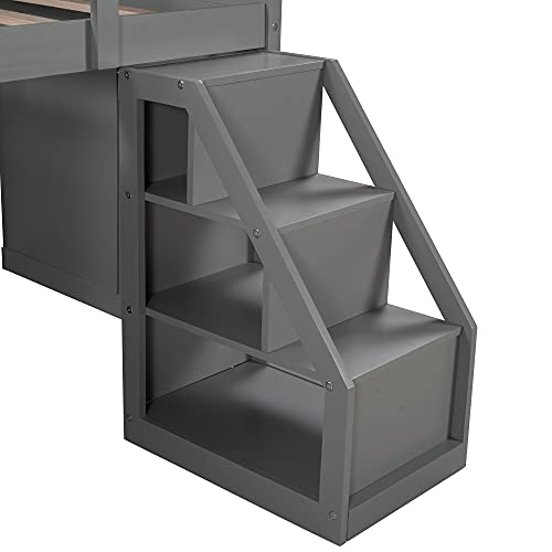 Harper & Bright Designs Twin Loft Bed for Kids , Loft Bed Twin with Portable Desk for Study , Wooden Low Loft Bed with Storage Steps,No Box Spring Needed,Grey