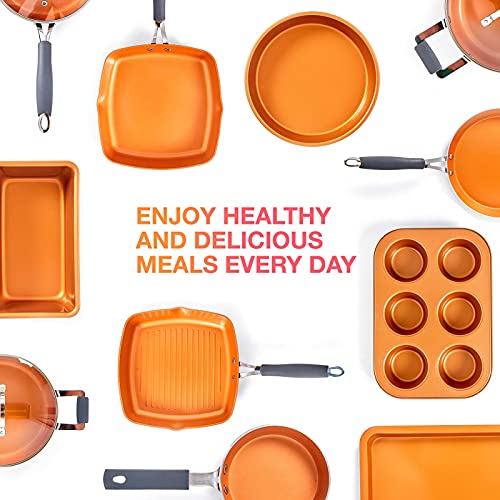 Mueller UltraClad Copper Pots and Pans Set, 24-Piece Kitchen Cookware and Bakeware Set, Non-Stick Coating, Aluminum Body, Includes Fry Pans, Dutch Oven, Pancake and Grill Pan, Bakeware Set and More