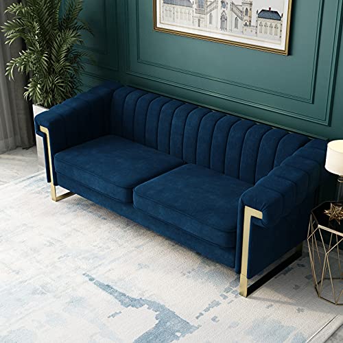 Mid-Century Channel Tufted Velvet Loveseat Sofa,Contemporary Upholstered Sofa Couch,Traditional Chesterfield Sectional Sofa with Scroll Arms & Stainless Steel Base for Living Room Bedroom Apartment
