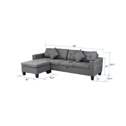 UNIROI Set L Shape 4 Seat Couch for Living Room with Reversible Left/Right Hand Chaise Lounge, 2 Cup Holders and 2 Throw Pillows, 98 Inchees Home Apartment Modern Soft Sectional Sofa, Gray, Grey