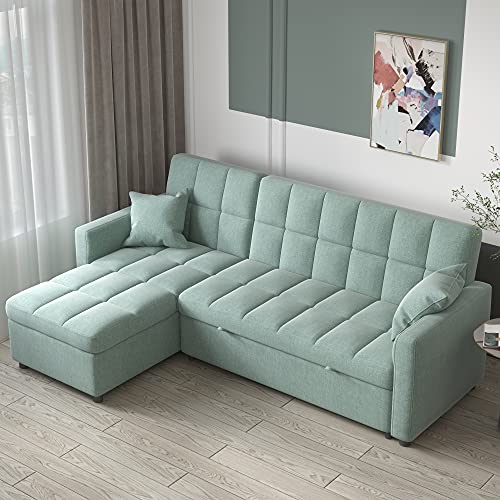 MGH Reversible Sectional Sleeper Sofa, 82'' Wide Sectional Sofa Couch with Storage, Pull-Out Sofa Bed L-Shape Sectional Sofa with Chaise for Living Room Small Apartment (Green)
