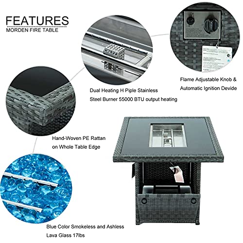NICESOUL 43'' Outdoor Patio Propane Fire Pit Table Gray PE Wicker 55,000 BTU Auto-Ignition Dural Heating Rectangle Firepits 8mm Glass Tabletop & Blue Stone,CSA Certification (Wind Glass+Table Cover)