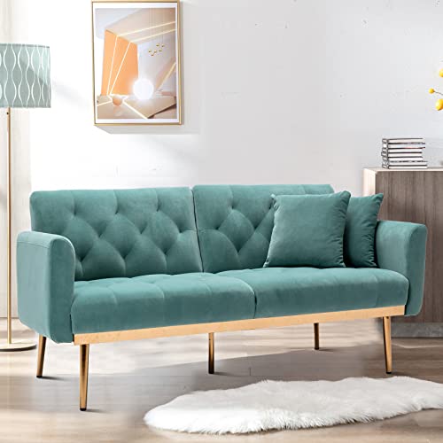 Homtique Convertible Futon Sofa Bed Velvet Sleeper Sofa Couch with 2 Pillows, Folding Reclining Futon Couch for Living Room, Apartment, Bedroom, Bonus Room, Adjustable Loveseat with Armrests