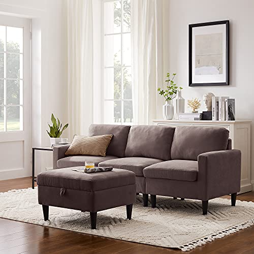 G & G with Reversible Chaise Modern Linen Fabric L-Shaped Sectional with Storage Ottoman for Small Space Living Room Apartment Office (Brown), Size