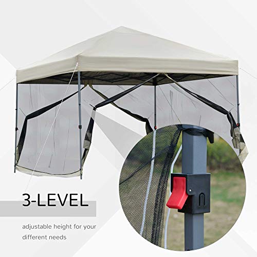 Outsunny 10' x 10' Pop Up Canopy Party Tent with Center Lift Hook Design, 3-Level Adjustable Height, Easy Move Roller Bag, Beige