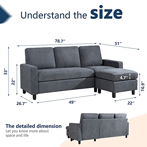 JY QAQA Convertible Sectional Sofa Couch, L-Shaped Couch with Modern Linen Fabric 3-Seat Wide Reversible Chaise for Small Space(Dark Grey)