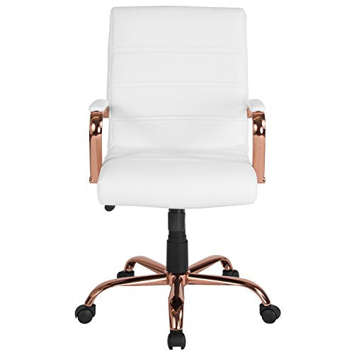 Flash Furniture Mid-Back White LeatherSoft Executive Swivel Office Chair with Rose Gold Frame and Arms