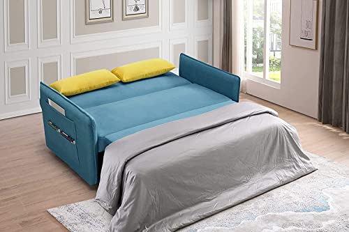Smilehome Velvet 57'' Loveseat Sleeper Sofa Pull Out Bed, 2 Seats Sofá with Adjustable Backrest, 2 Pillows & Side Pocket Living Room Small Apartment, Blue