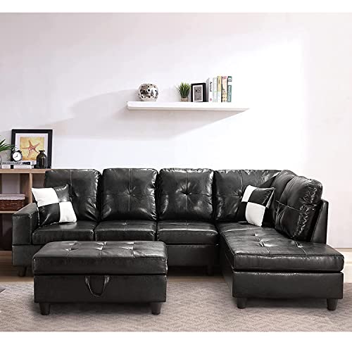STARTOGOO 2022 Faux Leather Sectional Sofa Easy to Assemble with Tufted Cushions for Home Living Room Furniture Set,L-Shape 5 Seater PU Couch W/Right Chaise Lounge and Storage Ottoman, Black