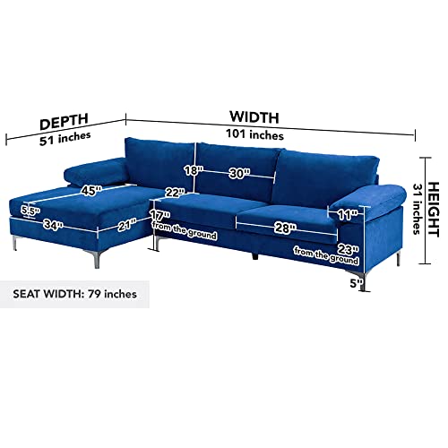 Casa Andrea Milano Modern Sectional Sofa L Shaped Velvet Couch, with Extra Wide Chaise Lounge, Large, Navy