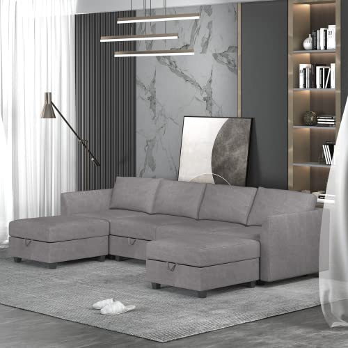 Muzz Convertible Sectional Couch with Storage Space, Modular Sectional Sofa with Ottomans, U/L Shaped Sectional Couches, Convertible Sofa Set for Living Room (Light Grey)