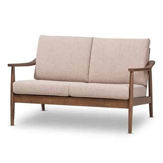 Baxton Studio Venza Mid-Century Modern Walnut Wood Light Brown Fabric Upholstered 2-Seater Loveseat Mid-Century/Light Brown/Walnut Brown/Fabric Polyester 100%