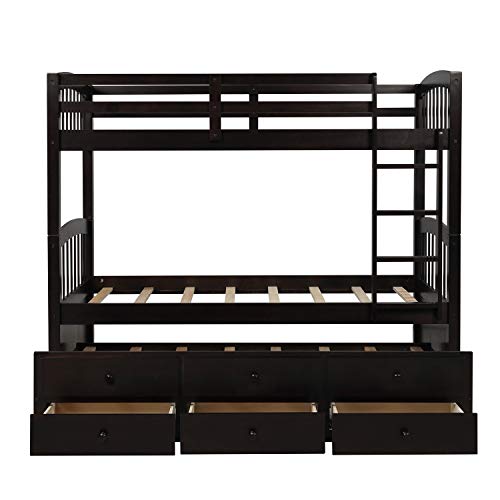Harper&Bright Designs Twin-Over-Twin Bunk Bed with Safety Rail, Ladder, Twin Trundle Bed Frame with 3 Drawers for Kids, Teens Bedroom, Guest Room Furniture, Dark Espresso
