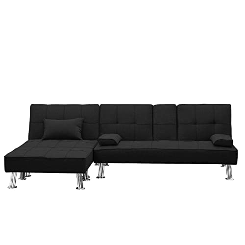 3 Pieces Convertible Sectional Sofa Couch, L-Shaped Sectional Sofa Bed with Two Cup Holders and Ottoman, Tufted Fabric Sofa with Removable Armrest, Modern Living Room Sofa Furniture Set (Black)