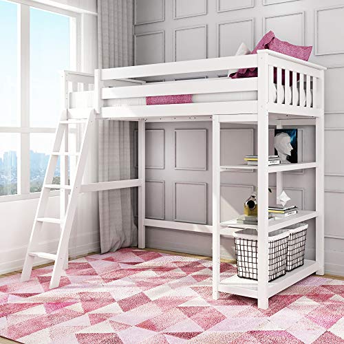 Max & Lily Solid Wood Twin-Size High Loft Bed with Bookcase, White