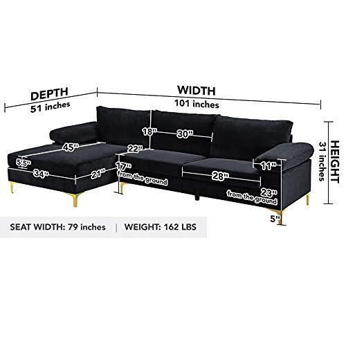 Casa Andrea Milano Modern Large Velvet Fabric Sectional Sofa Couch with Extra Wide Chaise Lounge with Golden Legs, L Shaped, Black
