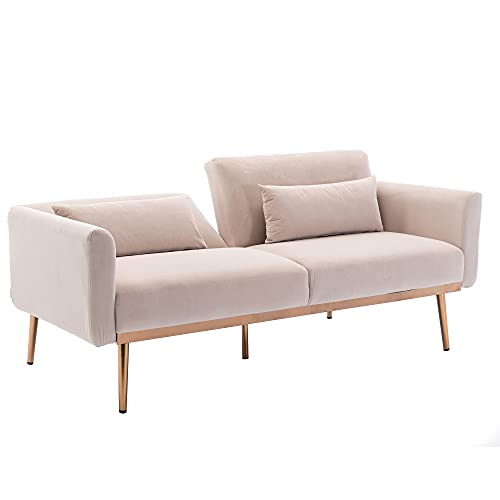 Office Couch for Small Space Velvet Love Seat Sofa Bed for Living Room Bedroom Modern Loveseat Sleeper Twin Mid Century Pull Out Convertible Modular Sectional Chesterfield Daybed (Beige)
