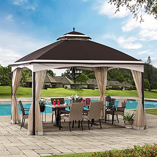 Sunjoy Thelma 10.5 x 13 ft. 2-Tier Steel Gazebo, Brown & Tan