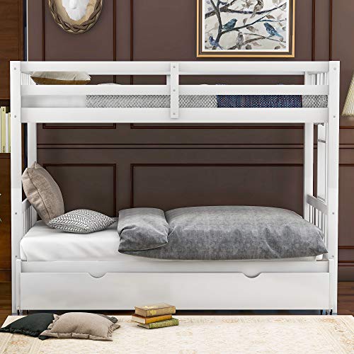 KLMM Twin Over Pull-Out Bunk Bed with Trundle, Wooden Twin Over Twin/Full/Queen/King Bunk Bed, Accommodate 4 People Extendable Bunk Beds with Ladder and Safety Rail (White)