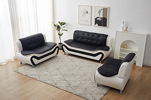 Kingway Faux Leather Living Room Sofas, 3 SEAT, Black/White