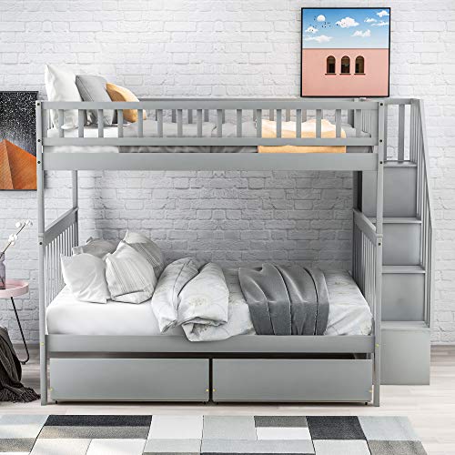 Full Over Full Bunk Bed with Two Drawers and Storage, Wood Bunk Bed with Stairs, Gray