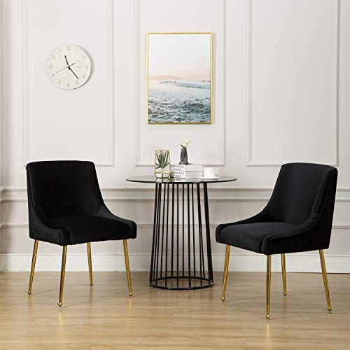 Modern Upholstered Velvet Dining Chair, Guest Chairs with Polished Gold Metal Legs, for Living Room/Kitchen/Dining Room/Patio, Set of 2 (Black)