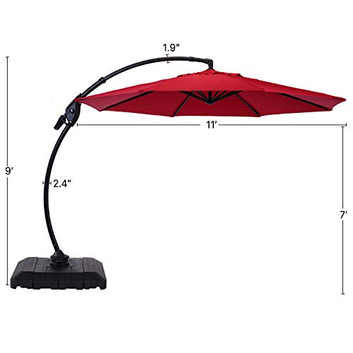 Grand patio Napoli 11 FT Curvy Aluminum Offset Umbrella, Patio Cantilever Umbrella with 360° Rotation, Red