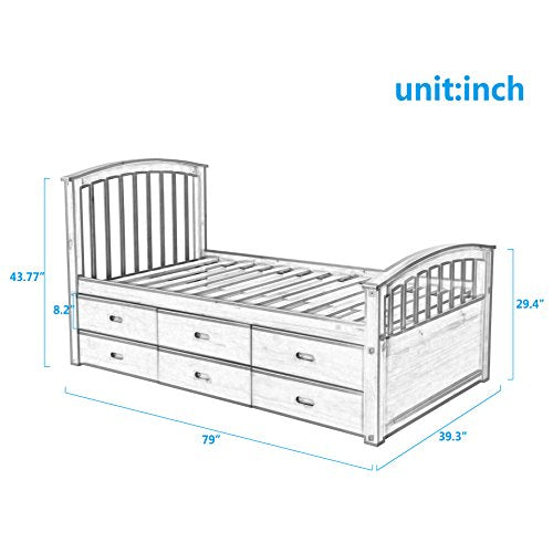 Twin Platform Storage Bed Solid Wood Daybed with 6 Drawers, Harper&Bright Designs Wood Daybed Frame Twin Size with Rails, Wooden Slats Support Modern Daybed Twin Espresso/Natural Ship in USA (Natural)