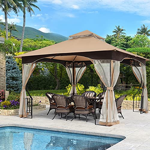 MASTERCANOPY 11x11 Double-Tiered Patio Gazebo with Mosquito Netting Screen Walls for Lawn, Garden, Backyard Khaki