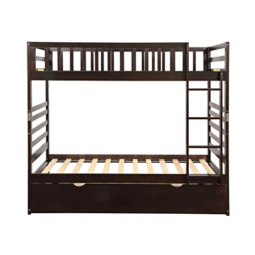 Harper&Bright Designs Twin Over Twin Bunk Bed with Trundle Solid Wood Triple Bunk Beds for Kids,Convertible Kids Adults Bunk Beds for Bedroom, Dorm, Espresso