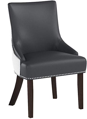 Iconic Home Brando Dining Side Accent Chair Pebble Grain PU Leather Linen Upholstered Nailhead Trim Tapered Solid Birch Legs Modern Transitional Set of 2, Grey