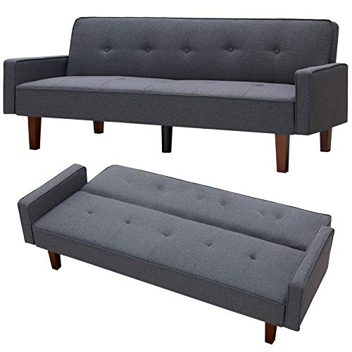 Olela Sofa Bed Convertible Sofa Couch Futon Sleeper Linen Fabric Reclining Sofa with Armrest Wood Legs for Living Room Furniture (Grey)